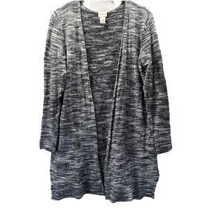 Chicos Womens Tunic Cardigan Sweater Sz Large Wool Blend Black White Long Sleeve